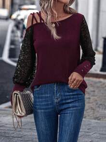 EMERY ROSE Women's Asymmetric Collar Contrast Lace Long Sleeve Fashionable Blouse - Red Violet - View 6