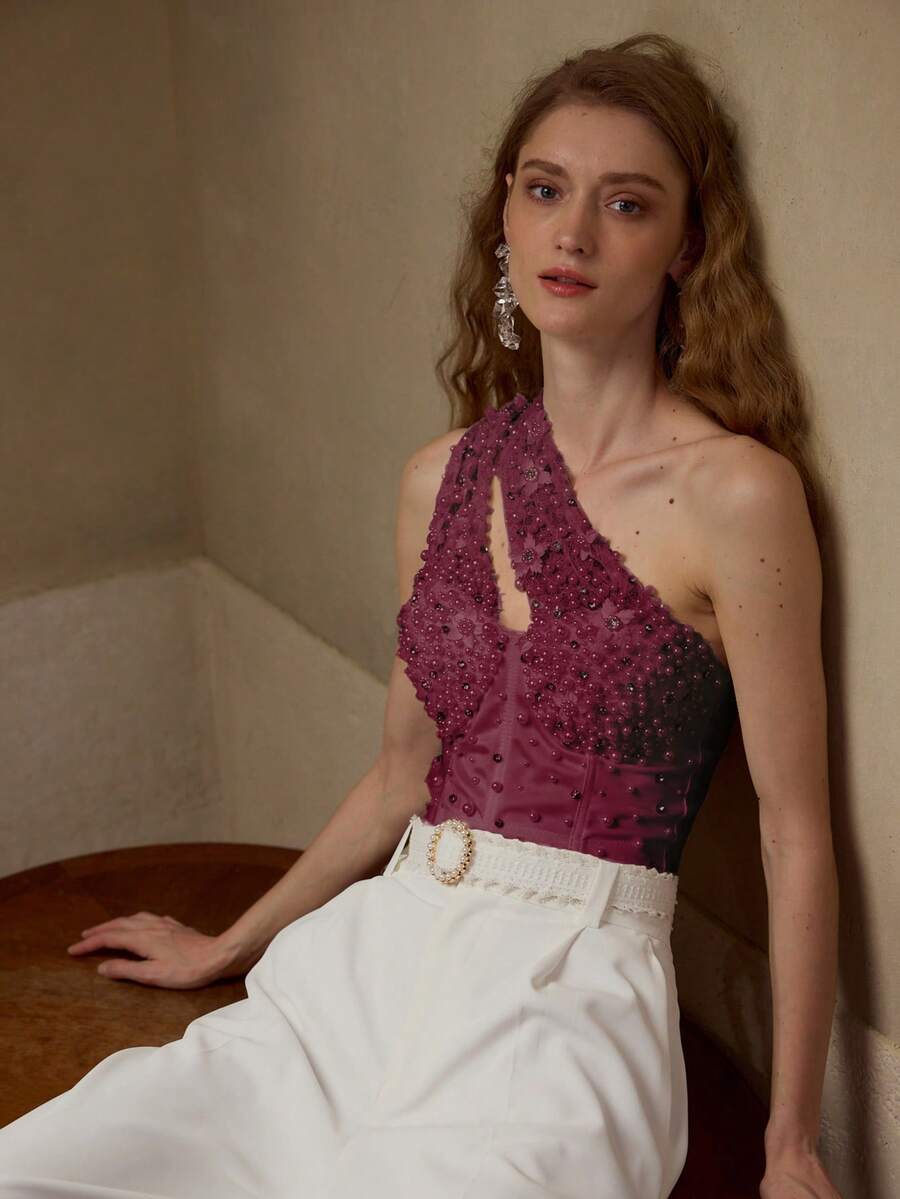 MOTF PREMIUM FAUX PEARL BEADED ASYMMETRICAL NECK TOP - Burgundy - View 1