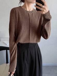 FRIFUL Women's Solid Khaki Round Neck Long Sleeve Loose Casual Versatile T-Shirt, Autumn