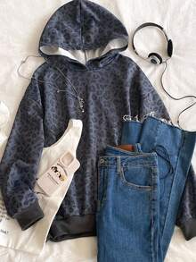 Sweat-shirt-shirt décontracté à imprimé léopard pour adolescentes, style tout-aller décontracté, polyvalent et populaire pour les voyages, gris automne hiver - Gris foncé - Voir 9