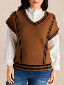 EMERY ROSE Women's Casual Loose Fit Plus Size Knit Sweater Vest, Suitable For Autumn/Winter Outerwear And Back To School - Brown - View 6