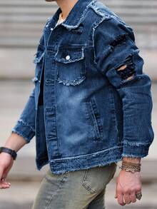 Manfinity Roughcore Men's Autumn Long Sleeve Distressed Frayed Single-Breasted Casual Denim Jacket Distressed Shirt Men - Dark Wash - View 3