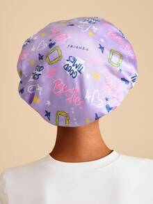 FRIENDS X SHEIN 双层面料升级版护发帽宽边弹力缎面女士睡眠帽柔软舒适适合日常居家睡眠紫色字母