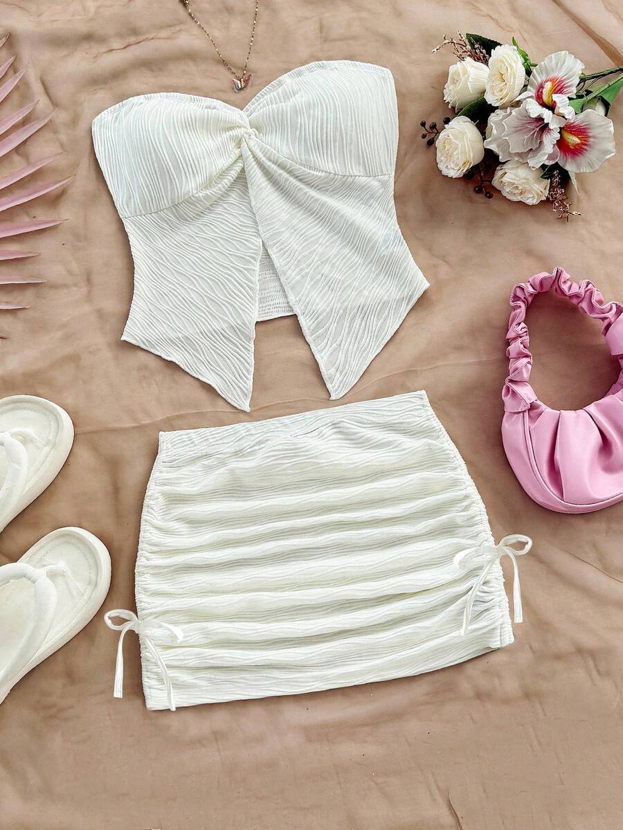 SHEIN 青少年女孩休闲简约舒适不对称下摆背心和编织 A 字裙套装 - 卡其色 - 查看 1