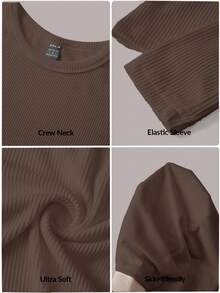 SHEIN BASICS 女式休闲纯色针织圆领长袖修身T恤 - 咖啡棕 - 查看 4