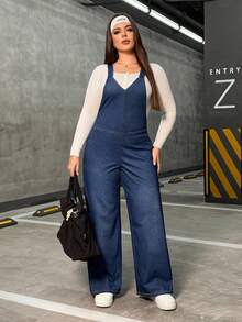 Flexra Plus Size Women Pocket Design Wide Leg Loose Casual Bib Overall Jumpsuit