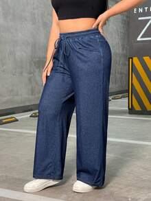 Flexra Celana Jeans Kasual Longgar Kaki Lebar dengan Tali Serut Pinggang untuk Wanita Ukuran Plus - Biru - View 4