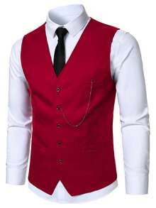 Manfinity Mode Men's Solid Color Waistcoat And Pants Business Formal Suit - Burgundy - View 6