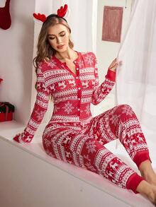 SHEIN 圣诞图案印花长袖女士睡衣连体裤，圣诞睡衣，女士噩梦，冬季 - 彩色 - 查看 5