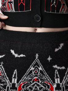 ROMWE Gothic Palace Castle Church Pattern Knitted Bodycon Mini Skirt - Black - View 6