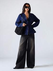 LYSMO Women's Fashion Waist Cinched Denim Blouse - Dark Wash - View 6