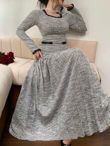 DAZY 优雅纹理条纹中长连衣裙，适合通勤，秋冬舞会礼服 - 灰色 - 查看 7