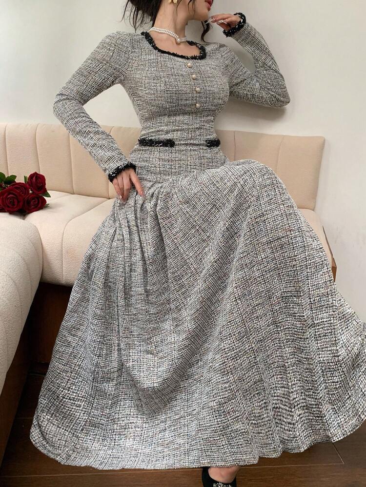 Elegant Textured Striped Midi Dress, Suitable For Commuting, Autumn/Winter Prom Dress