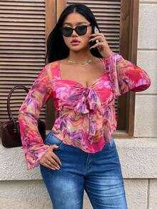 Hourglow Ceceforeign_ Plus Size Women's Fall Vacation/Back To School Clothes, Tie-Dye Floral Print Babydoll Blouse With Bow Tie Neck Long Sleeve Shirt, For Hourglass Body Shape