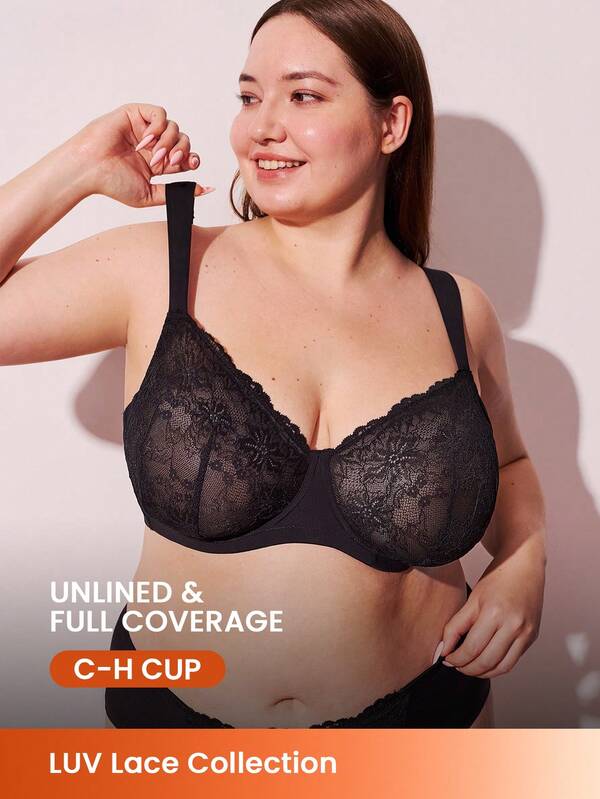 LUVLETTE Plus Full Coverage Breathable Unlined Floral Lace Elegance Lingerie Lounge Curve Black Sheer Bridal Intimates Minimizer Bra