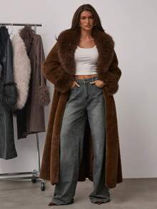 SHEIN BAE Women's Solid Color Shawl Collar Long Sleeve Pocket Belt Design Long Faux Fur Fashion Jacket Brown Outfits For Women Luxury Clothes For Women Brown Clothes Women Winter Clothes - Mocha Brown - View 6