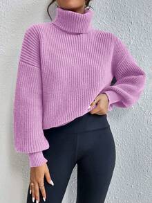 Celisse Sweater Pullover Kasual Longgar Lengan Panjang Kerah Tinggi Bahu Jatuh Warna Polos untuk Wanita, Musim Gugur/Dingin - Lilac Purple - View 3