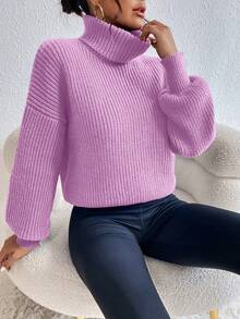 Celisse Sweater Pullover Kasual Longgar Lengan Panjang Kerah Tinggi Bahu Jatuh Warna Polos untuk Wanita, Musim Gugur/Dingin - Lilac Purple - View 5
