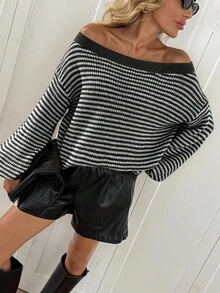 SHEIN LUNE 女士休闲宽松条纹不对称肩长袖毛衣，秋冬 - 黑色 - 查看 5