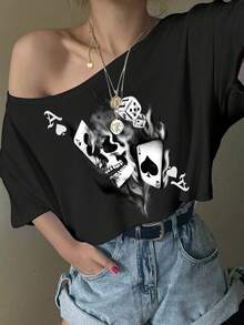 SHEIN EZwear Camiseta corta de manga corta holgada con estampado asimétrico de calavera y naipes, adecuada para el verano - Negro - Ver 3
