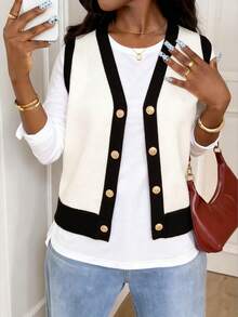 SHEIN PETITE CURVE 大码撞色边无袖毛衣背心，简约时尚 - 米色 - 查看 1