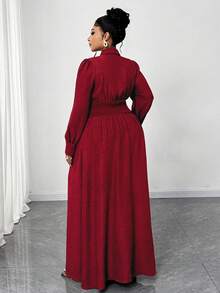 Maweii Robe chemise décontractée pour femmes grandes tailles, couleur unie, manches longues, simple boutonnage, taille cintrée - Rouge foncé - Voir 2