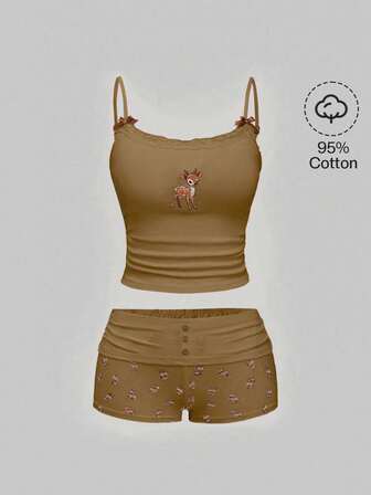 J-Fashion Camicetta in pizzo con ricamo di cervi abbinata a pantaloncini con stampa di cervi