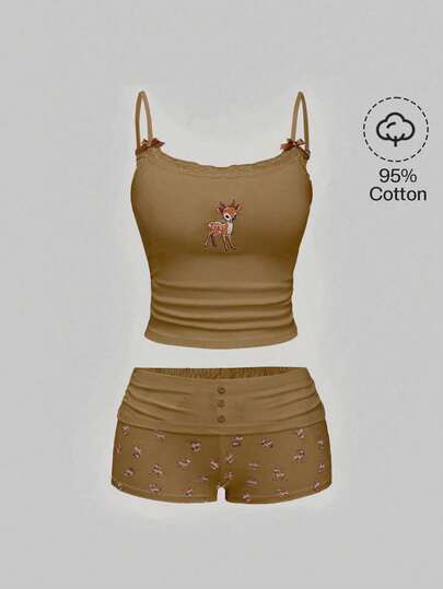 J-Fashion Süßes Hirsch-besticktes Spitzenoberteil kombiniert mit Hirsch-bedruckter Shorts