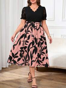 Reflora 大码植物印花撞色蕾丝边休闲连衣裙 - 藕粉色 - 查看 3