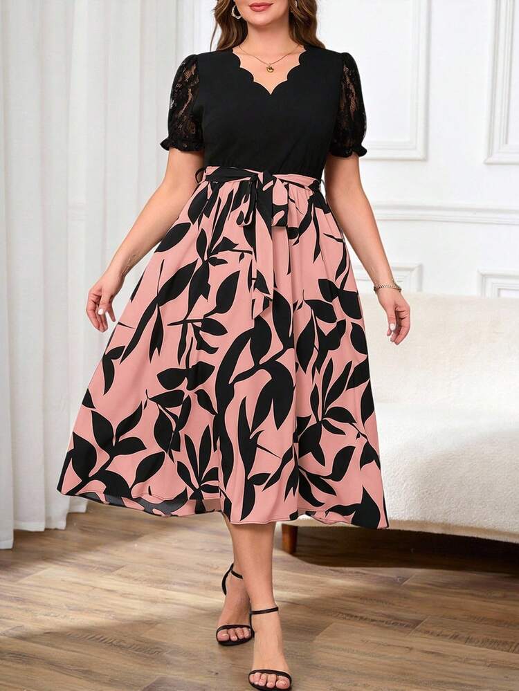 Reflora Plus Size Plant Print Contrast Lace Trim Casual Dress - Dusty Pink - View 3