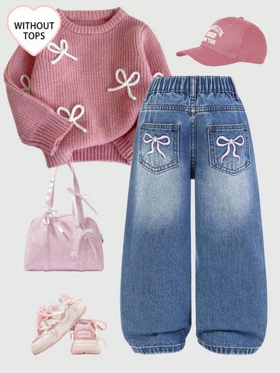 SHEIN Explorewe Young Girls' Casual Fashion All-Match Vintage Blue Distressed Washed Straight Leg Jeans, With Pink Embroidered Bow Pocket Design, Essential Item For Fashionable Girls