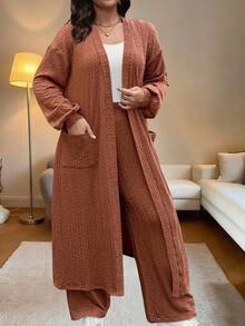 Vionelle Plus Size Women's French Style Casual Elegant Long Sleeve Maxi Two Pieces Set Wide Leg Pants Set Modest Two Piece Set Brown Two Piece Set Women Modest Sets For Women Brown Outfit Women