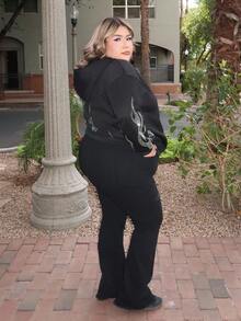 Enliva Melanieangelese Plus Size Black Flared Distressed Stretch Jeans Street Wear, Fall Women Clothes, For Apple Rounded Body Shape - Black - View 5