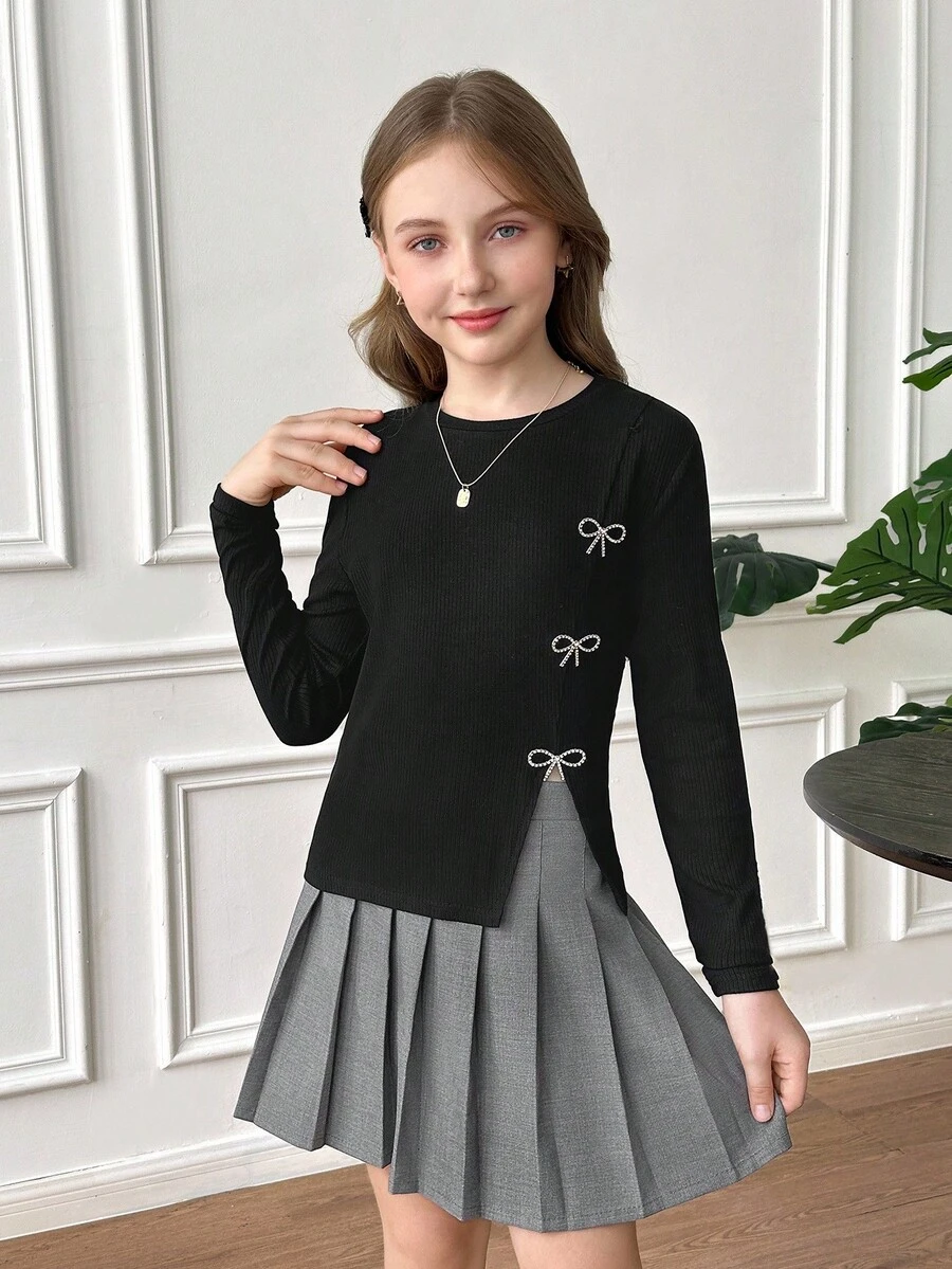 Serisse Kids Tween Girl Clothes Fashionable Shiny Rhinestones Bow Decor ...