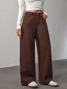 SHEIN PETITE Jeans casuales y versátiles de pierna ancha y bolsillos para mujer - Marrón - Ver 4