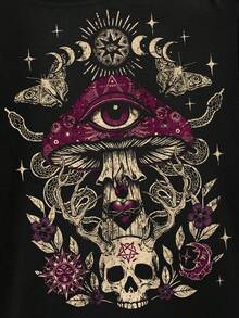 ROMWE Goth Plus Size Women Plus Size Distressed Mushroom Skull Eye Print Single Shoulder T-Shirt