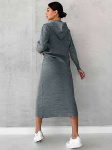 RueChic Drop Shoulder Drawstring Hooded Sweater & Knit Skirt - Light Grey - View 2