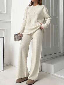 EURMUSE Eleganter Rundhalspullover mit meliertem Ausschnitt, Perlen und einfarbiger Strickhose mit weitem Bein und niedriger Taille, 2-teiliges Set für den Winter, Drop-Shoulder