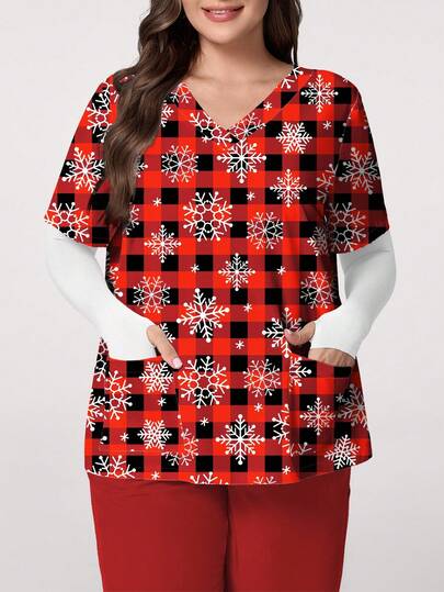 PopScrub 圣诞雪花和格子印花 V 领短袖束腰上衣，带口袋和耳环，适合女士加大码/护理制服