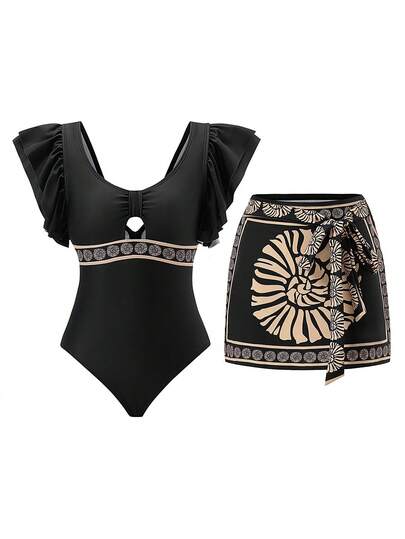 Swim Oasis 全新加大码女式镂空设计荷叶边连体泳衣，带网眼印花裙，两件套泳衣