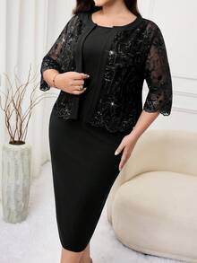 Modelyn Plus Size Sequin Embroidery Mesh Sleeveless Fitted Dress 2 Pieces Set Fall - Black - View 8