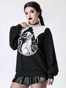 ROMWE Goth 女式撞色蝙蝠领猫咪印花运动衫 - 黑色 - 查看 4