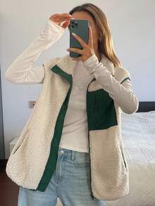 DAZY 女士秋冬宽松羊羔绒背心，商务休闲街头风立领外套，常规款女式外套 - 米色 - 查看 4