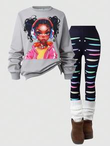 Tween Girl Hip Hop Graphic Print Sweatshirt And Colorful Moon Print Pants Set, Suitable For Street Style - Grey - View 3