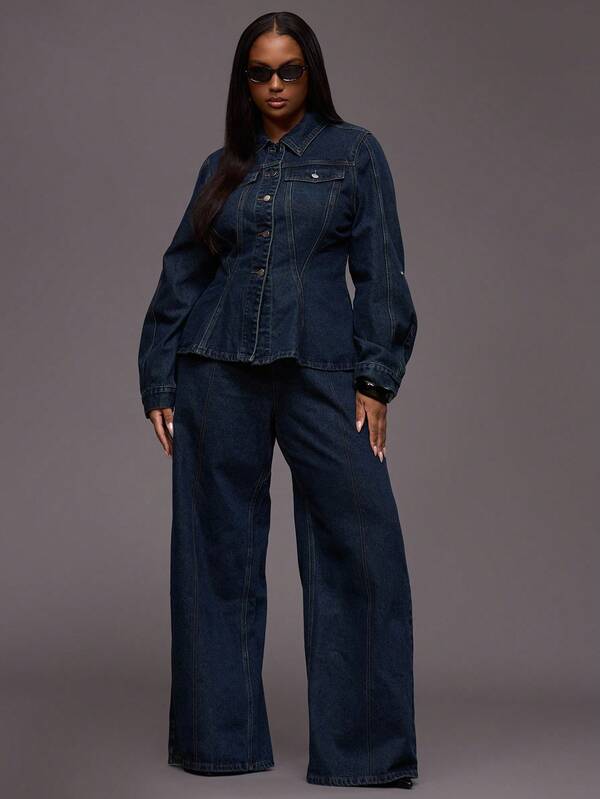 MUSERA Jeans de pierna recta con pespunte de contraste talla grande, ropa casual de otoño e invierno para chica cool de estilo urbano sin cortar