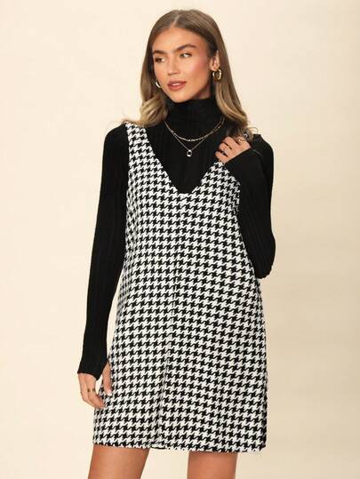 Coeurva Women's Christmas Red & Black Herringbone Plaid Pinafore Dress, Casual Vintage Street Style, Autumn/Winter