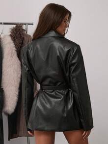 SHEIN BAE Autumn Winter Women's Fashion Leather Lace-Up Metal Buckle Belted Blazer Stylish Streetwear Blazer Versatile Leather Blazer Casual Date Night Blazer Women's Halloween Costume - Black - View 2