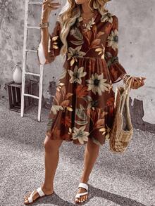 EMERY ROSE Casual Retro Floral & Maple Leaf Pattern Women Short Dress, Suitable For Spring, Early Autumn - Multicolor - View 7