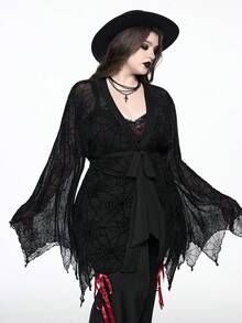 ROMWE Plus Size Women Gothic Party Bat Wing Spider Web Flocked Lace-Up Front Top, Halloween - Black - View 6