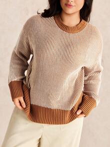 EMERY ROSE 加大码撞色设计圆领套头衫长袖休闲舒适优雅毛衣 - 駝色 - 查看 1